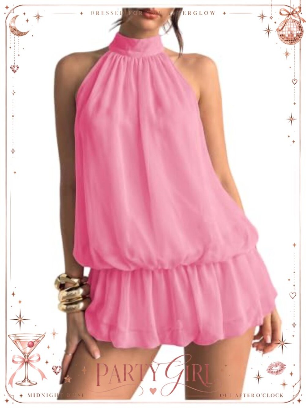 Sleeveless Ruffle Bubble Hem Mesh Halter Mini Dress Backless